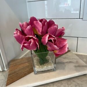Faux spring pink tulip decor in faux water. Cute Fake flower vase